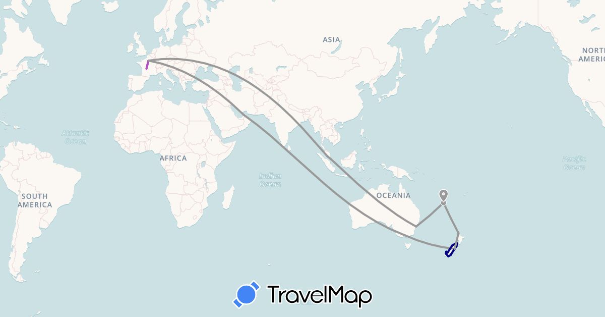 TravelMap itinerary: driving, plane, train in United Arab Emirates, Australia, France, Malaysia, New Caledonia, New Zealand, Singapore (Asia, Europe, Oceania)